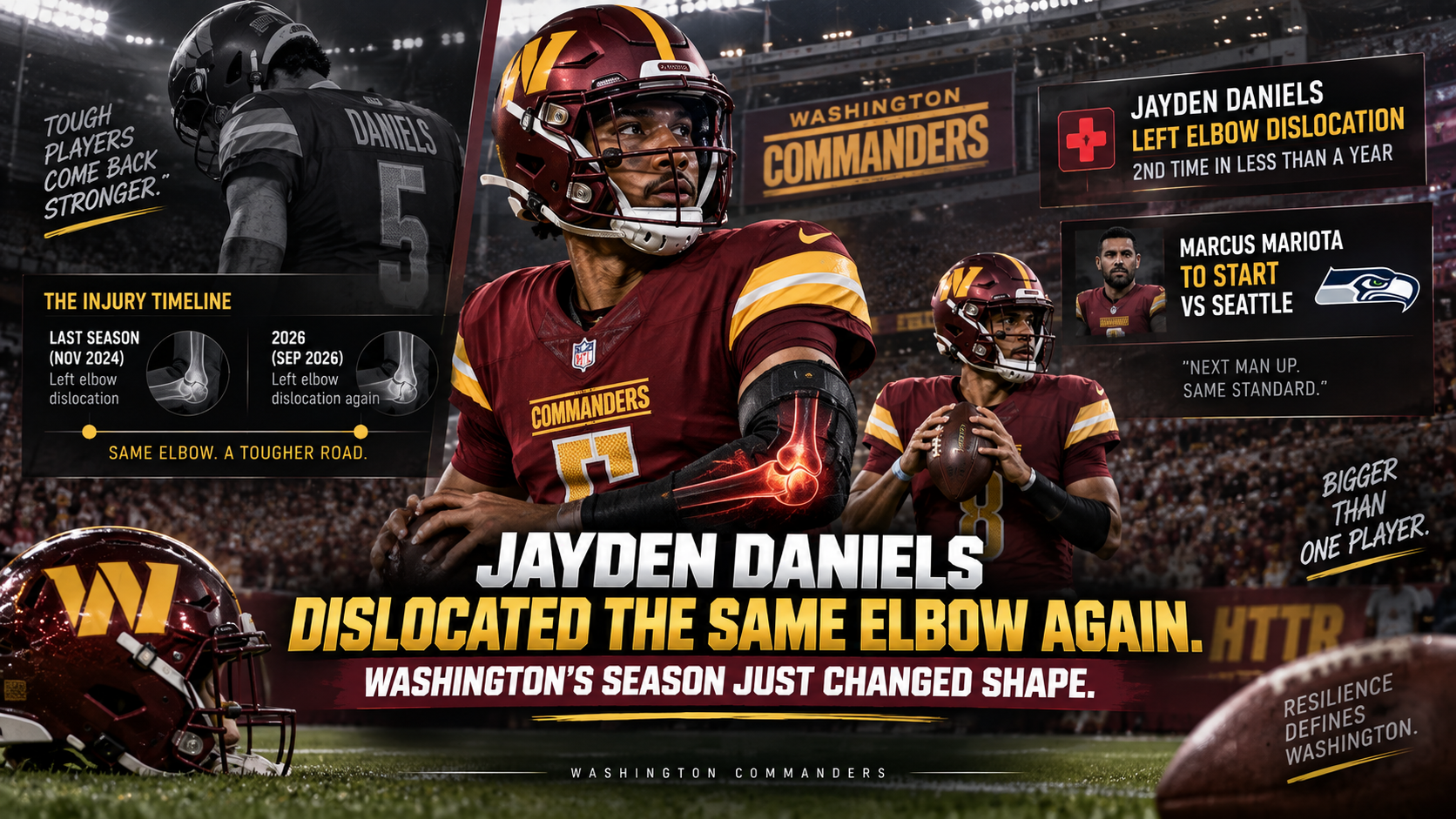 Jayden Daniels Dislocated the Same Elbow Again. Washington’s Season Just Changed Shape.